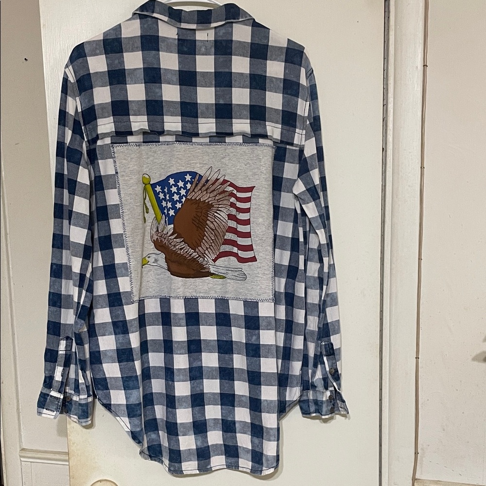 love, Fire Blue and White Checkered Women's Shirt with Eagle Patch